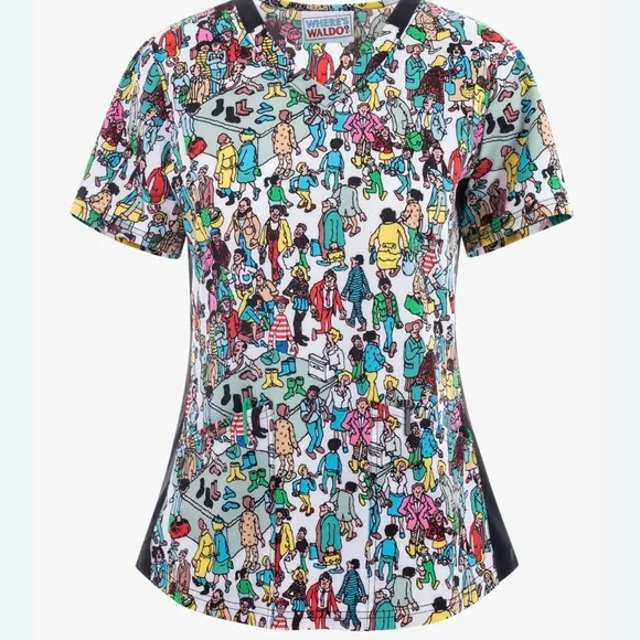NWT Cherokee Women’s Tooniforms Where’s Waldo? V-Neck Scrub Top Size Large - Picture 1 of 7